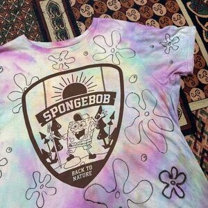 Custom Tie Dye and Handdrawn Sea Sky Flowers SpongeBob Back to Nature Tee